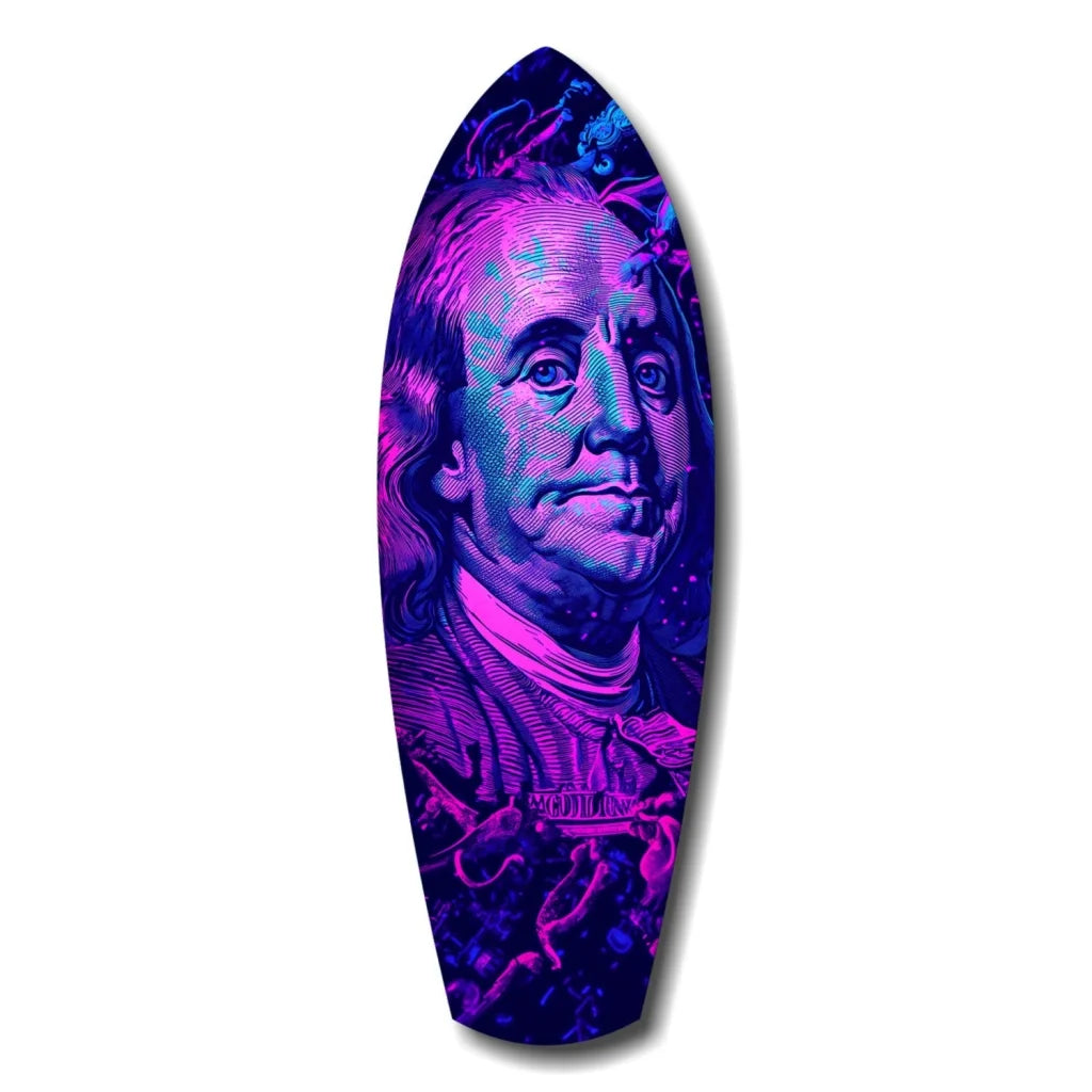 Vibrant Benjamin Franklin neon surfboard tempered glass art