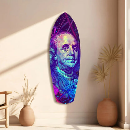 Vibrant neon Benjamin Franklin glass art on tempered surfboard with timeless vision