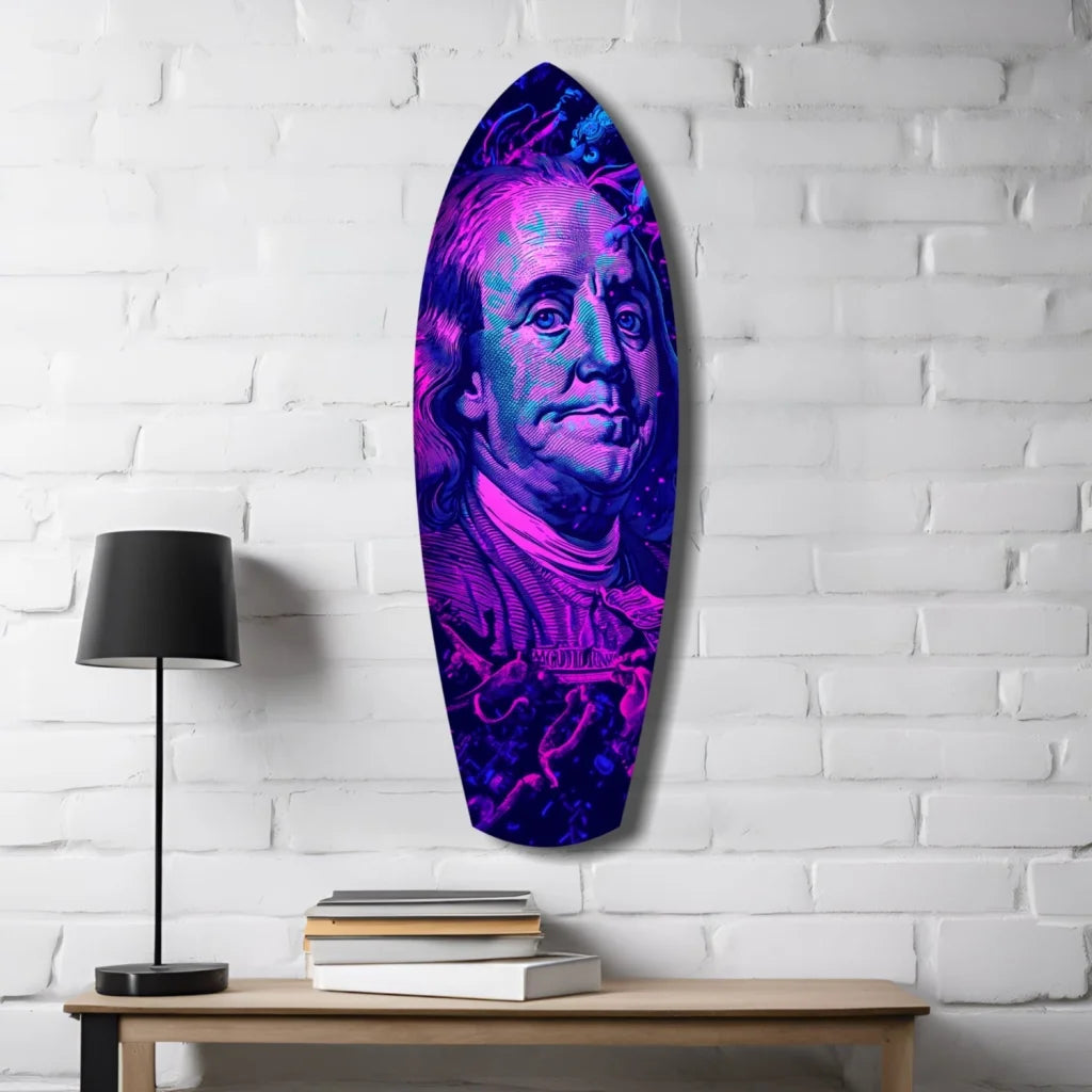 Vibrant Benjamin Franklin neon surfboard tempered glass art