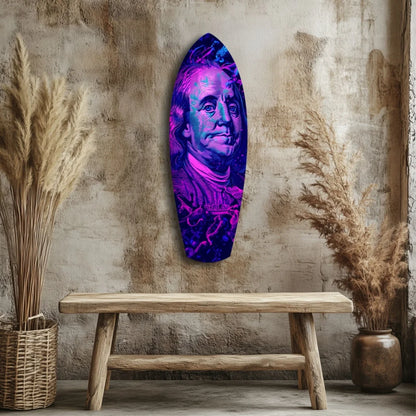 Vibrant neon pink purple Benjamin Franklin tempered glass art surfboard