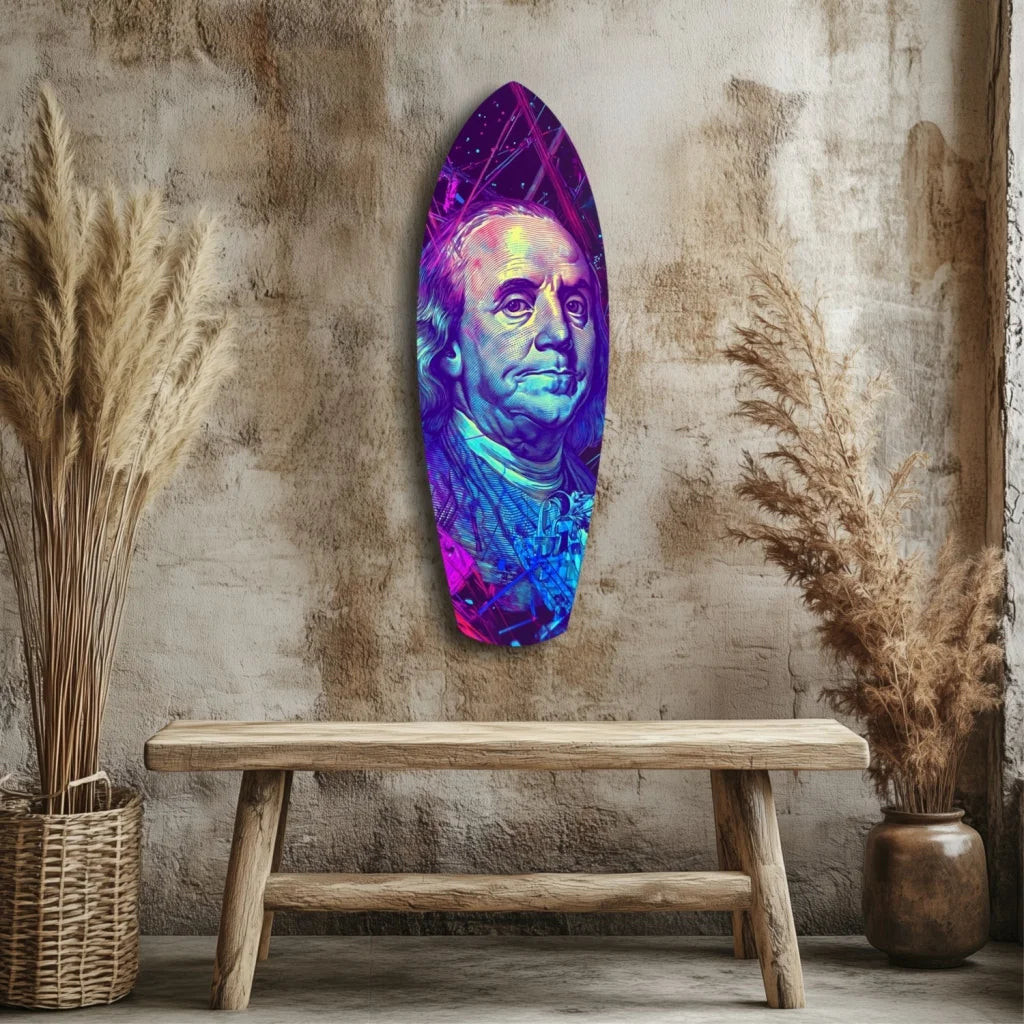 Neon Benjamin Franklin surfboard tempered glass art with timeless vision