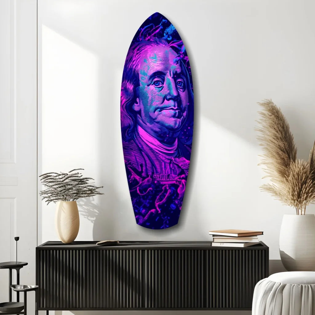 Vibrant neon purple and blue Benjamin Franklin tempered glass art surfboard