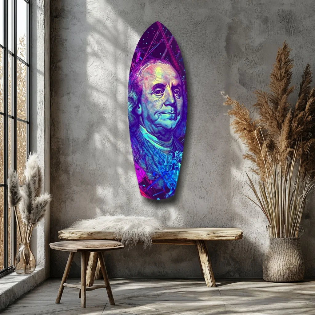 Neon Benjamin Franklin surfboard tempered glass art with timeless vision