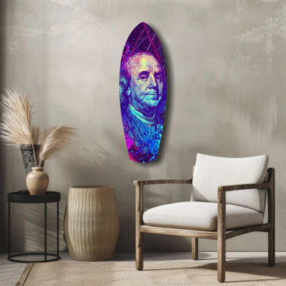 Vibrant neon Benjamin Franklin glass art on surfboard tempered glass
