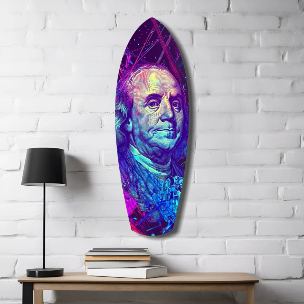 Neon pink blue Benjamin Franklin surfboard tempered glass art with timeless vision