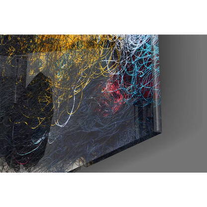 Stunning glass wall art with vibrant tangled lines in yellow, cyan, red, white on dark background