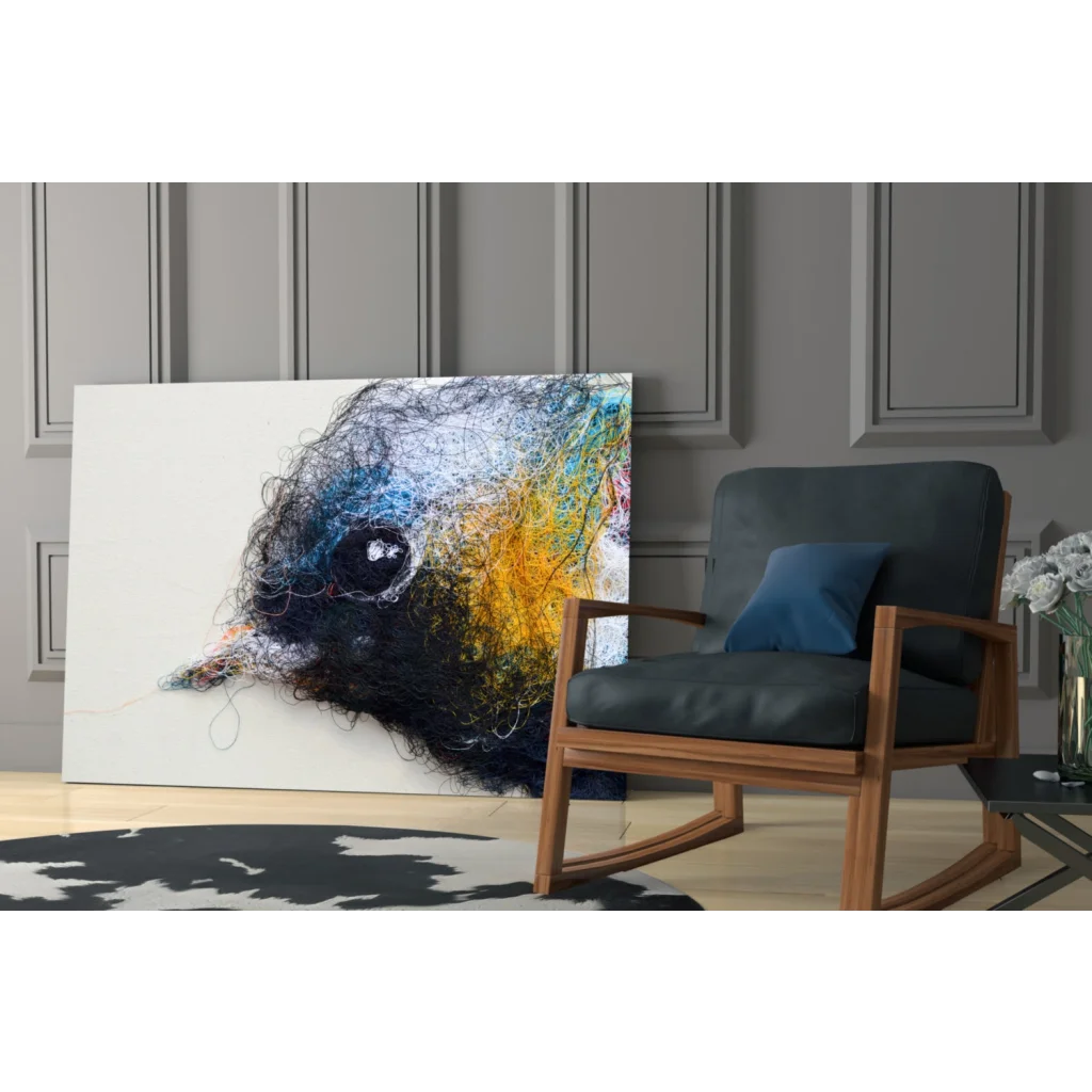 Stylized bird head glass wall art with abstract textured strokes