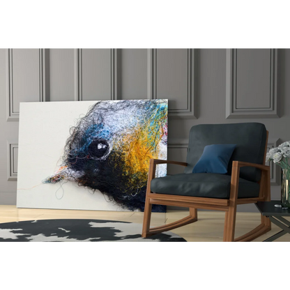 Stylized bird head glass wall art with abstract textured strokes