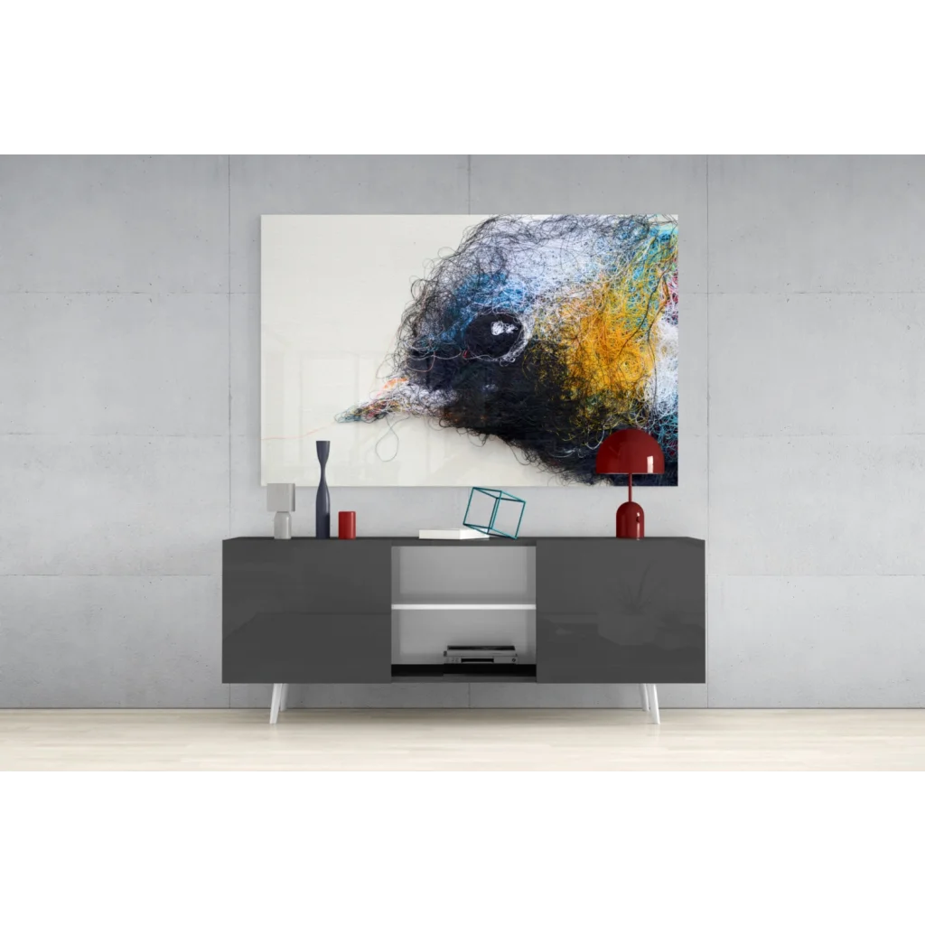 Abstract blue yellow black bird head glass wall art on white background