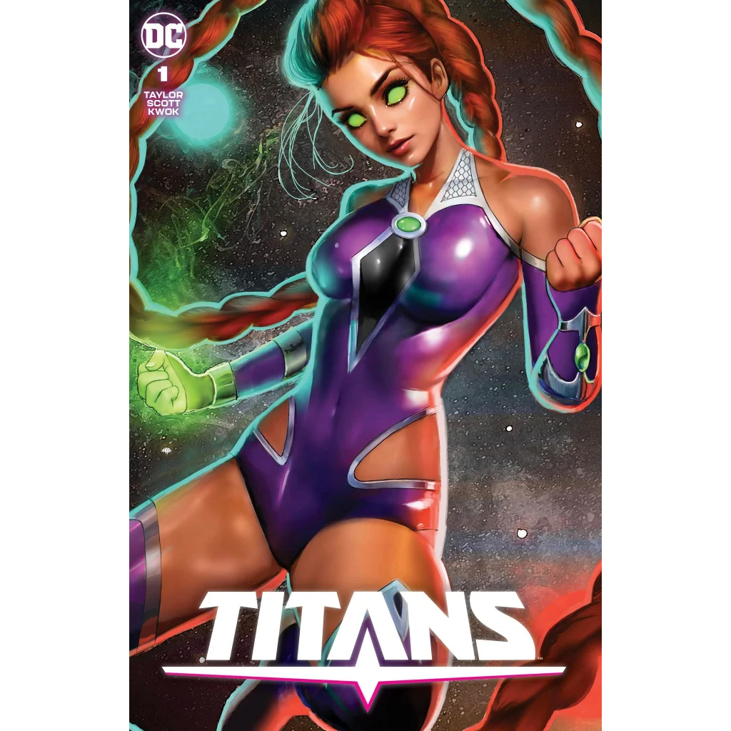 Comic book featuring Starfire in purple suit with green accents from TITANS #1 signed by Nathan Szerdy