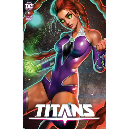 Comic book featuring Starfire in purple suit with green accents from TITANS #1 signed by Nathan Szerdy