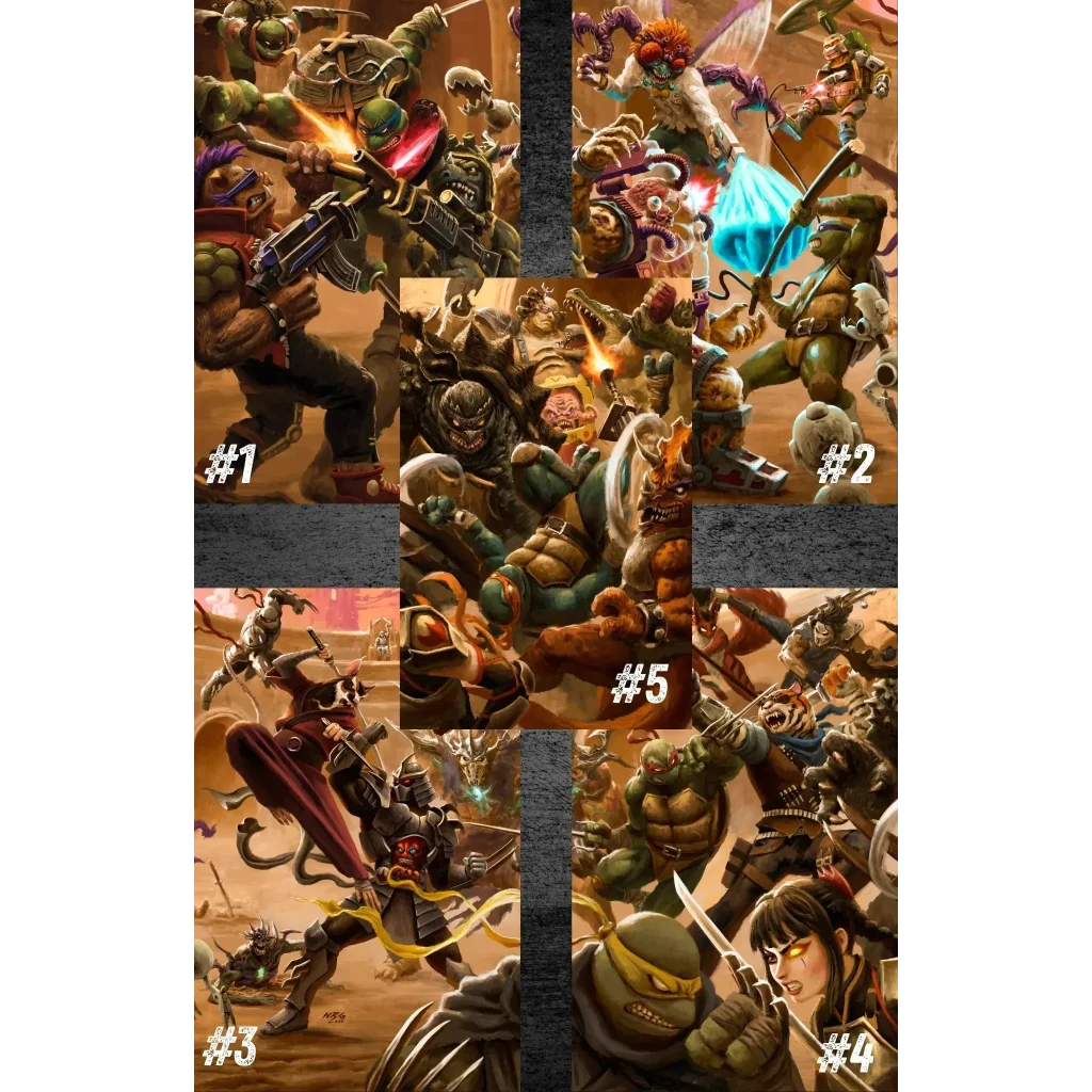 A dynamic collage of five tmnt battle nexus comic series covers featuring ninja turtles in vivid action scenes