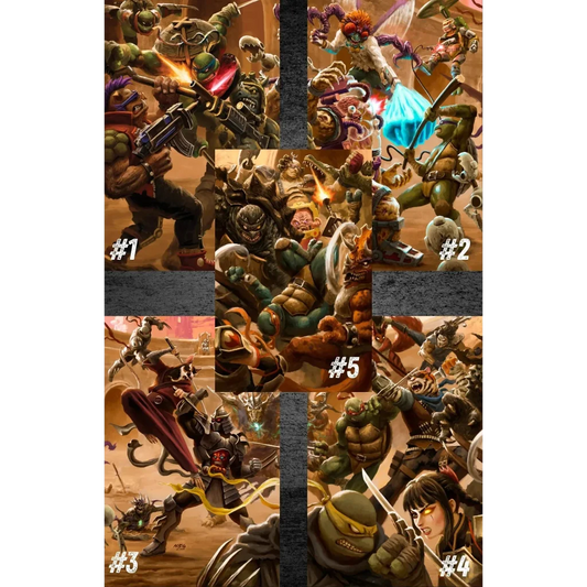 A dynamic collage of five tmnt battle nexus comic series covers featuring ninja turtles in vivid action scenes