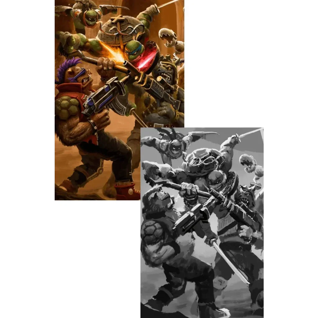 The teenage mutant ninja turtles in battle nexus comic series wearing green armored shell suits with colored masks and weapons