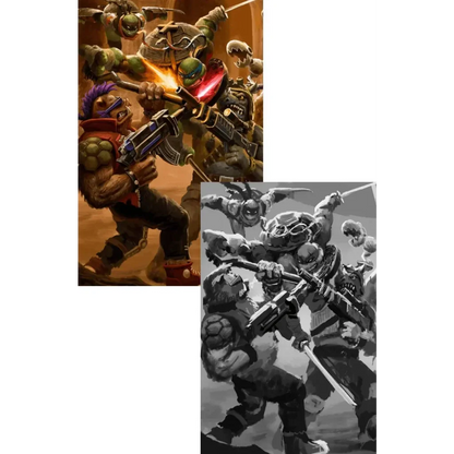 The teenage mutant ninja turtles in battle nexus comic series wearing green armored shell suits with colored masks and weapons