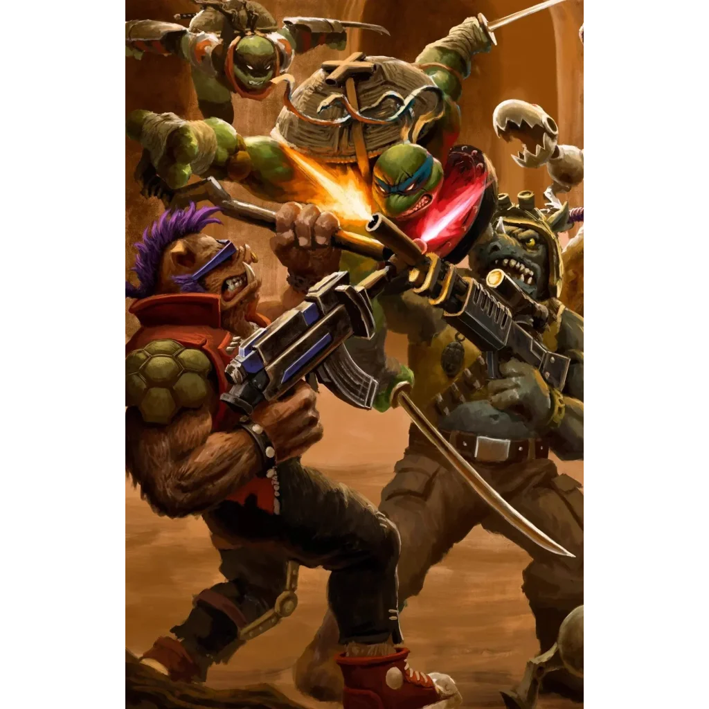 Green-skinned ninja turtle warrior with brown shell and red mask wielding glowing sword in battle nexus comic series cover