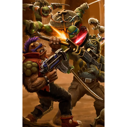 Green-skinned ninja turtle warrior with brown shell and red mask wielding glowing sword in battle nexus comic series cover