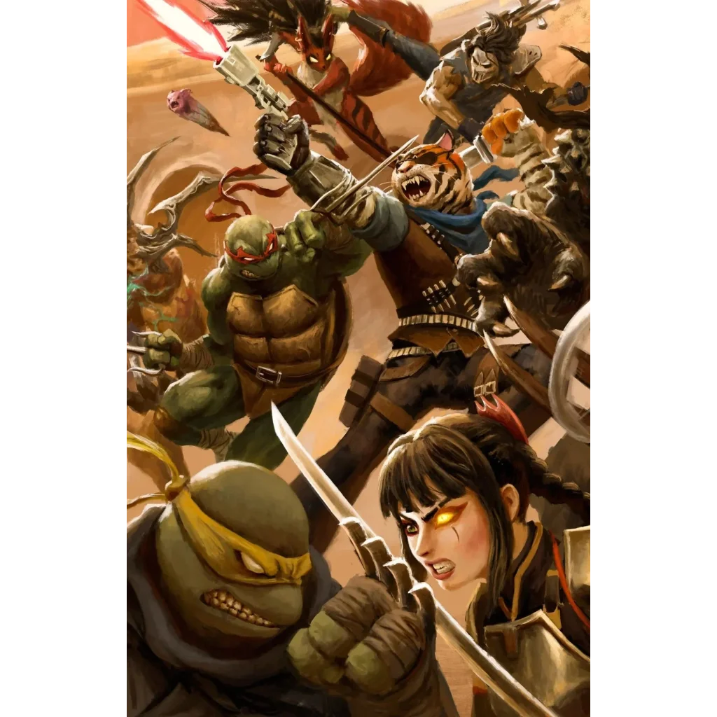 Green ninja turtle with red eye mask and brown shell wielding a sword in battle from tmnt battle nexus comic series