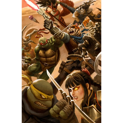 Green ninja turtle with red eye mask and brown shell wielding a sword in battle from tmnt battle nexus comic series