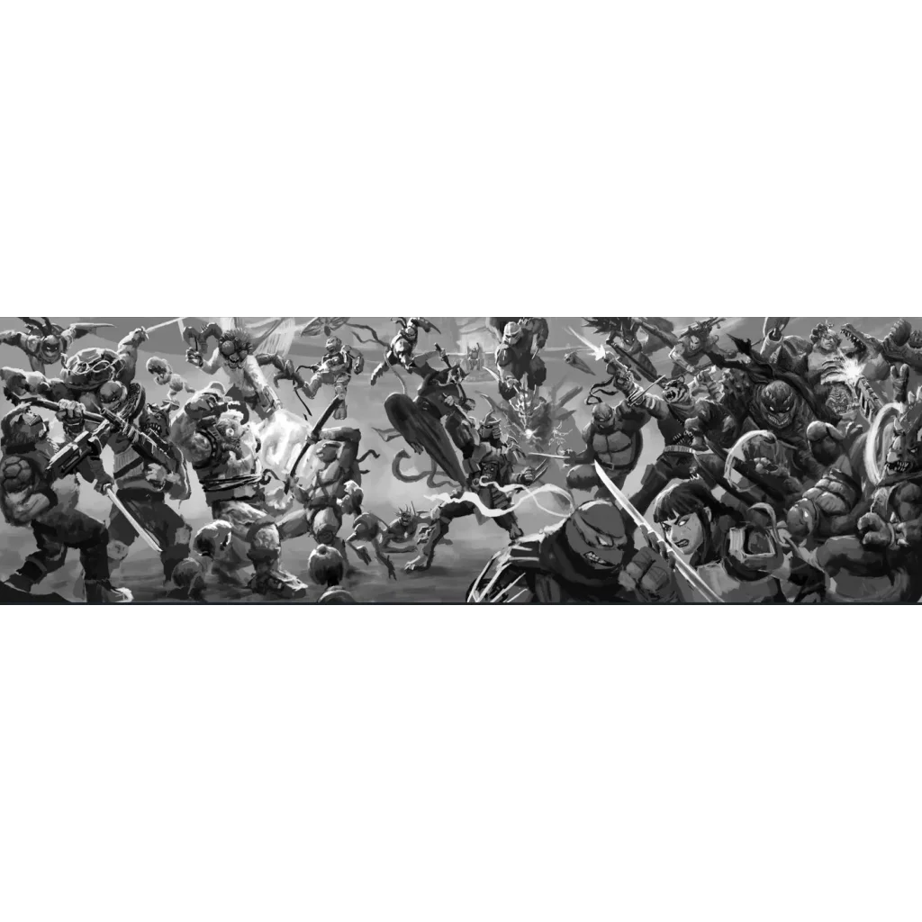 Black-and-white illustration of teenage mutant ninja turtles in dynamic combat poses from battle nexus comic series