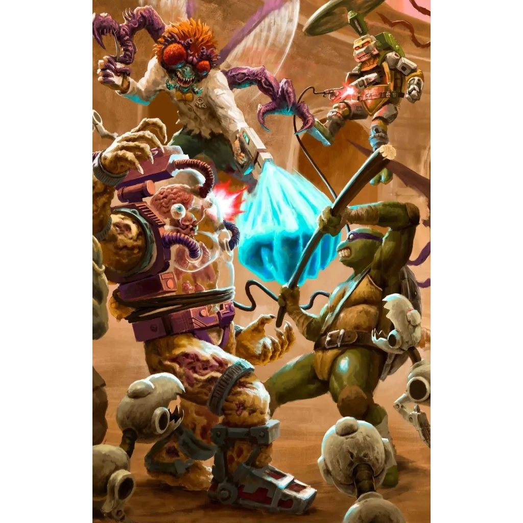 Green turtle comic character with purple eye mask and brown leather vest wielding staff in tmnt battle nexus series
