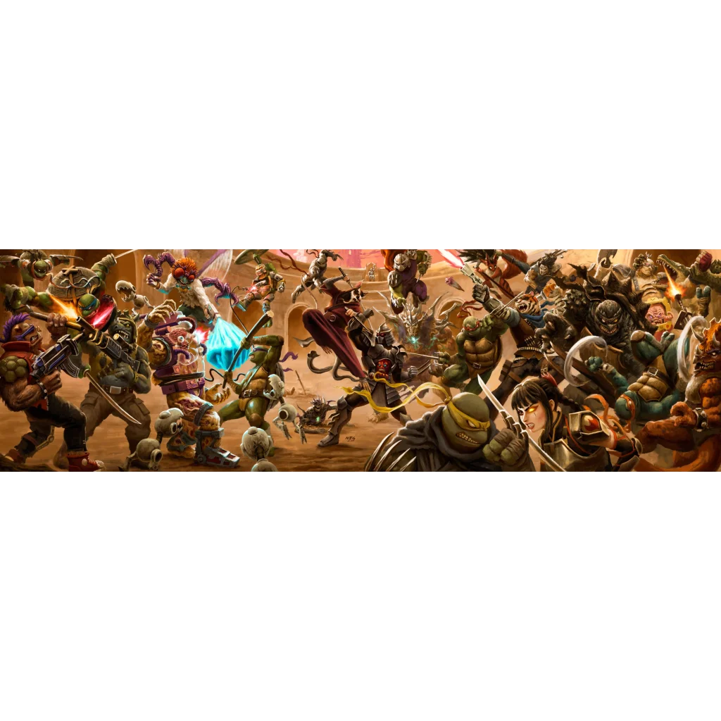 A dynamic illustration of green-skinned ninja turtles in combat in the battle nexus comic series exclusive edition