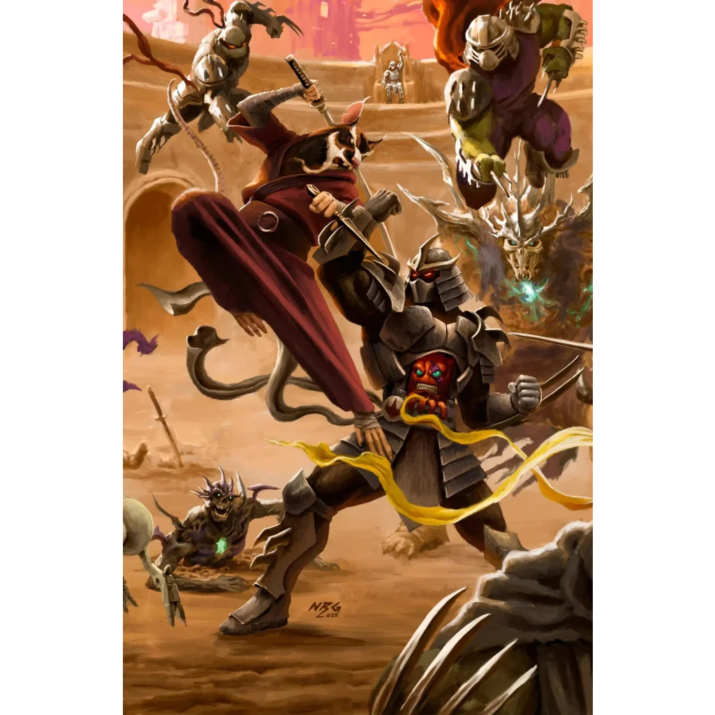 A red-clad ninja with glowing yellow energy trails wielding a sword on tmnt battle nexus comic series cover