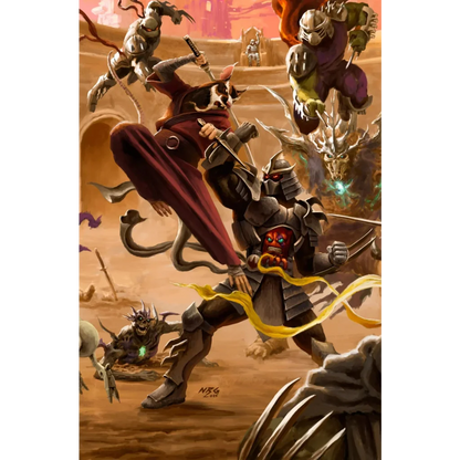 A red-clad ninja with glowing yellow energy trails wielding a sword on tmnt battle nexus comic series cover
