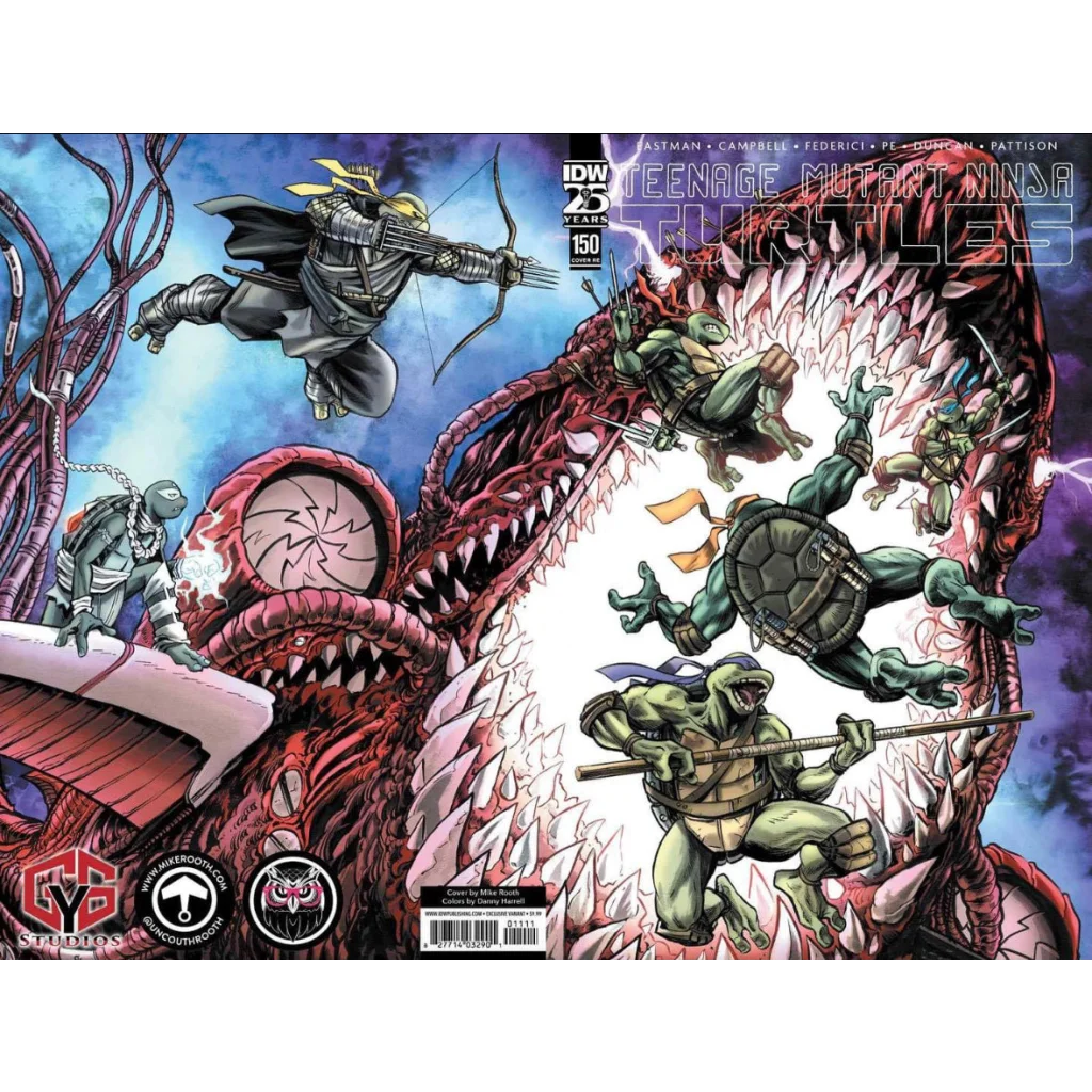 Teenage Mutant Ninja Turtles comic battling a giant monster with a cool wraparound cover