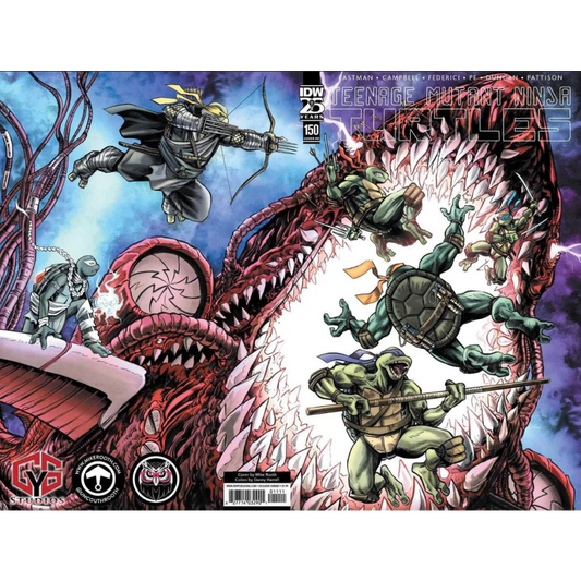 Teenage Mutant Ninja Turtles comic battling a giant monster with a cool wraparound cover