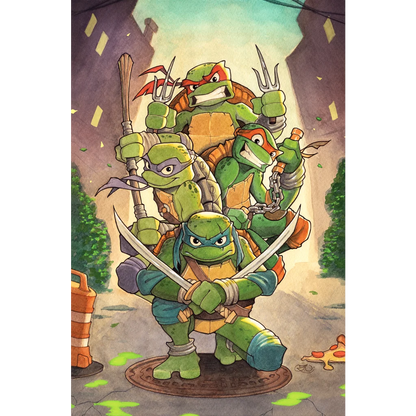 Four Teenage Mutant Ninja Turtles with their signature weapons in TMNT Leave New York Behind After Epic Armagon Victory