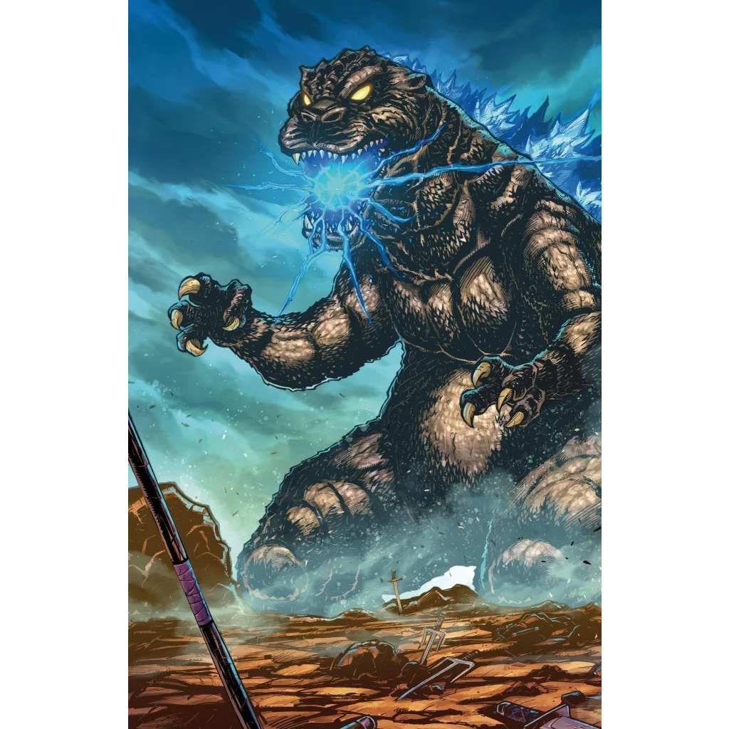 Metallic silver Godzilla action figure with blue glowing eyes from Tim Seeley’s Kaiju showdown