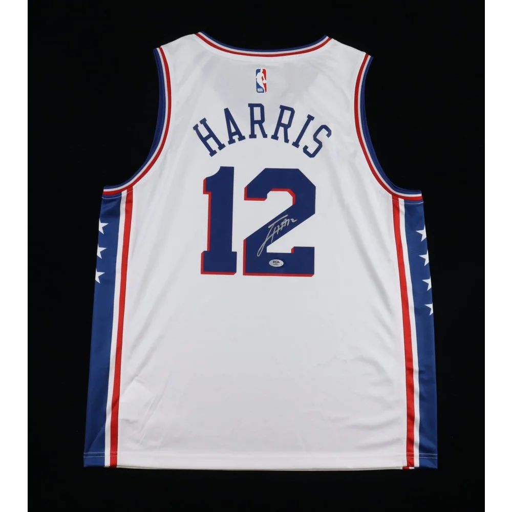 White Tobias Harris signed 76ers jersey with blue Harris name and red trim for courtside vibes