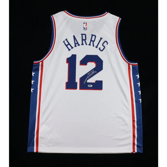 White Tobias Harris signed 76ers jersey with blue Harris name and red trim for courtside vibes