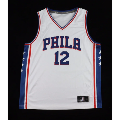 White Tobias Harris signed 76ers jersey with PHILA 12 and red blue trim for courtside fans