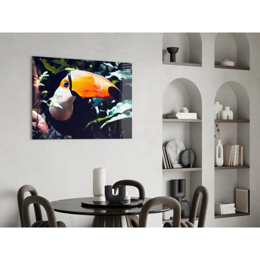 Vibrant orange and black toucan wall art canvas on white wall