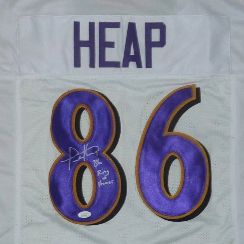 Todd Heap autographed white Baltimore jersey with purple gold 86 Heap