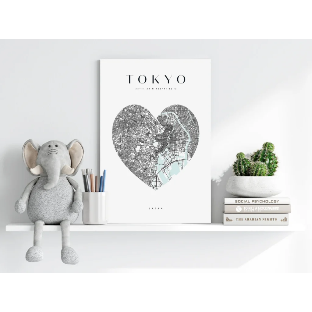 Tokyo heart map insigne aluminum print in white frame with blue streets