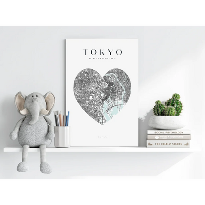 Tokyo heart map insigne aluminum print in white frame with blue streets