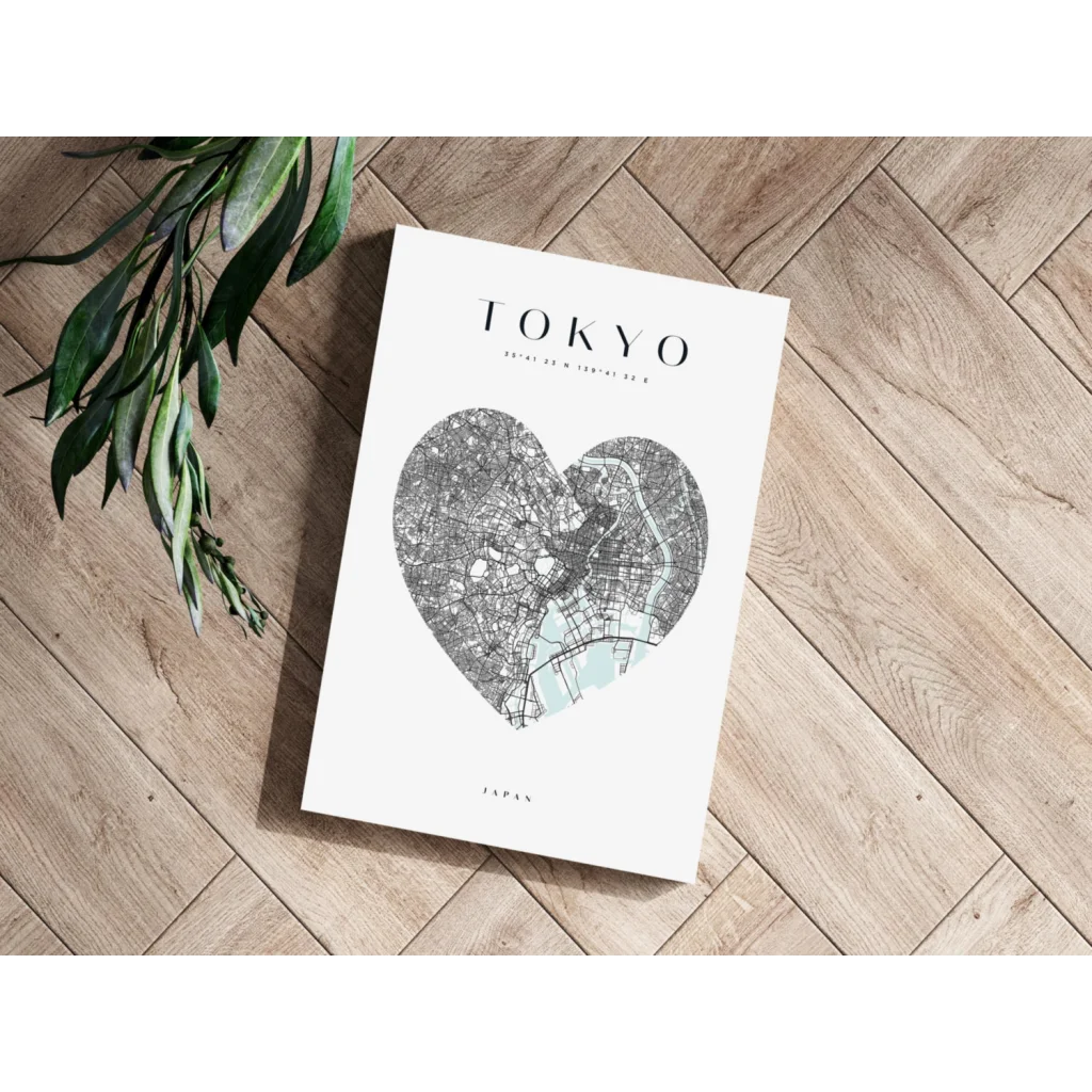 Tokyo heart map insigne aluminum print in minimalist blue and black