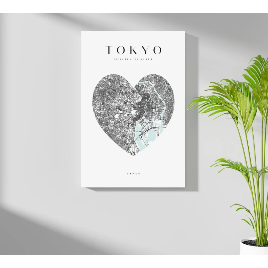 Minimalist Tokyo heart map on insigne aluminum print in blue and black