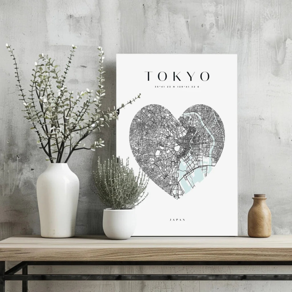 Minimalist Tokyo heart map on insigne aluminum print in blue and black