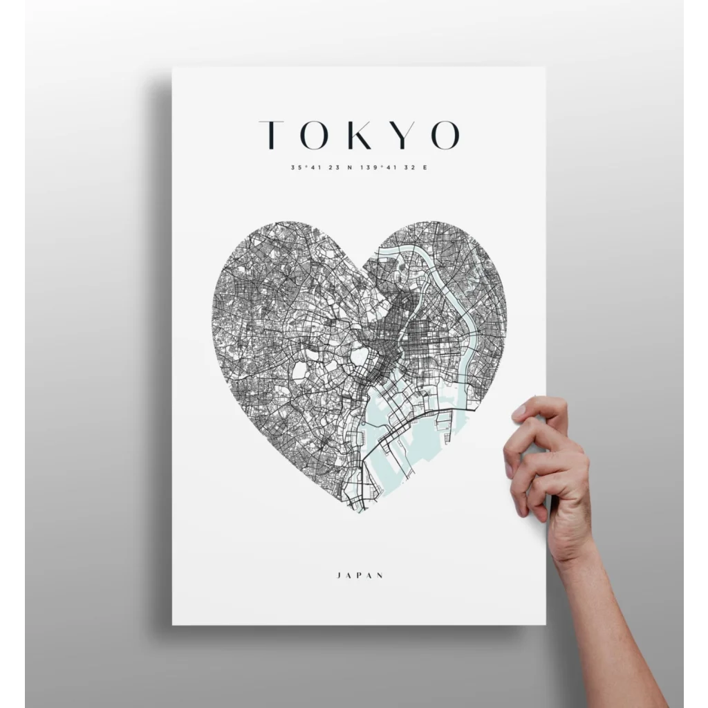 Tokyo heart map insigne aluminum print in minimalist blue and black
