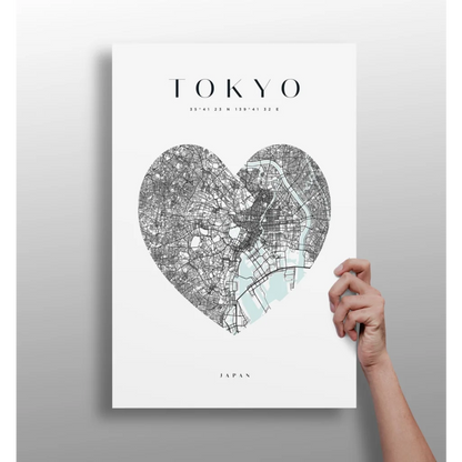 Tokyo heart map insigne aluminum print in minimalist blue and black
