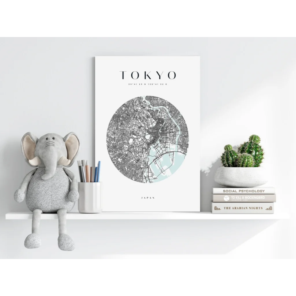 Minimalist Tokyo map aluminum print with mint green waterways