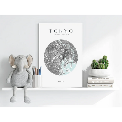 Minimalist Tokyo map aluminum print with mint green waterways