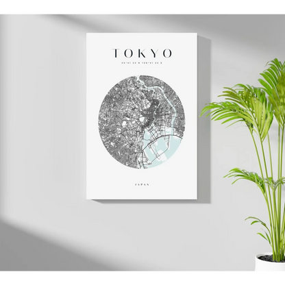 Minimalist Tokyo map aluminum print with mint green waterways