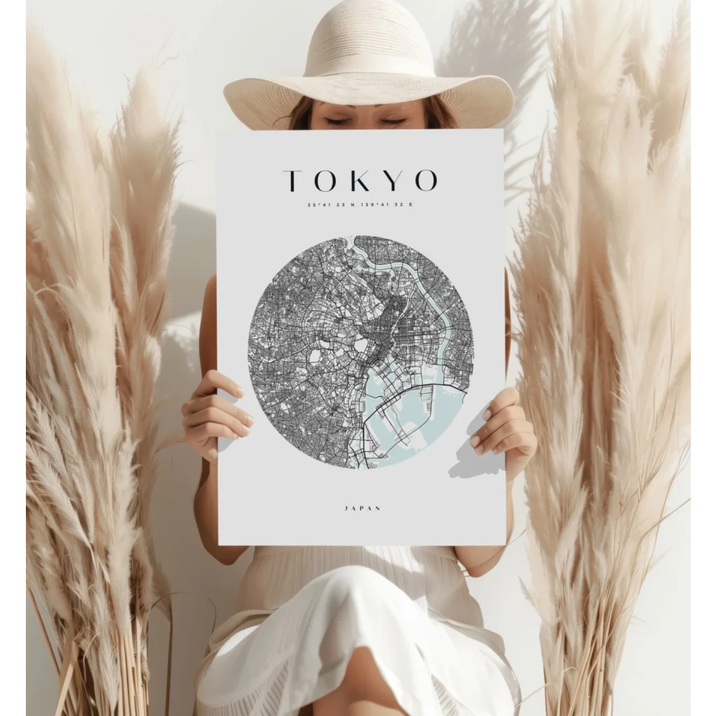 Minimalist Tokyo map aluminum print with mint green waterways