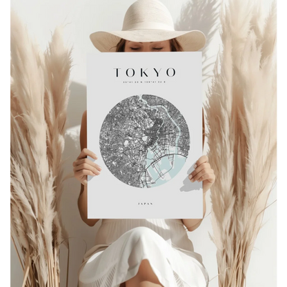 Minimalist Tokyo map aluminum print with mint green waterways