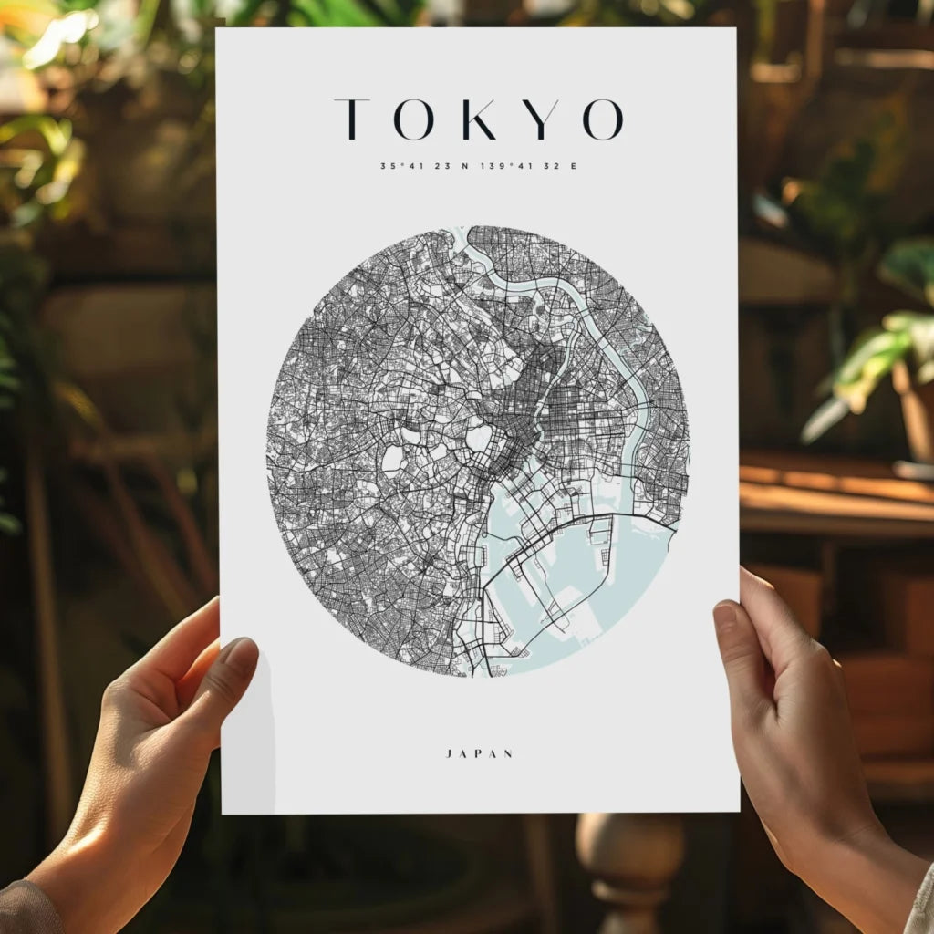 Minimalist Tokyo map poster on aluminum print with mint green waterways